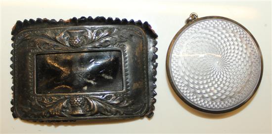 Silver & enamel compact and a silver buckle.